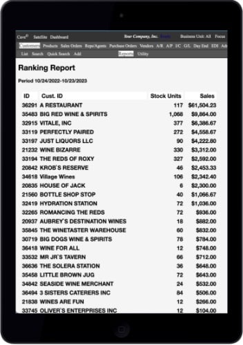 screen shot of customer ranking report
